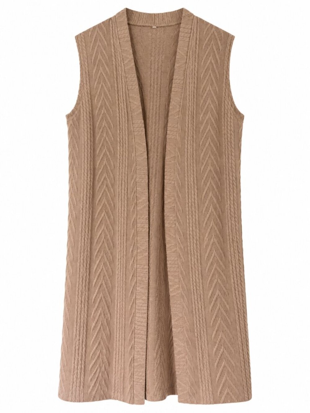 Longline Cable Knit Open Front Sleeveless Cardigan Vest Taupe Size Medium